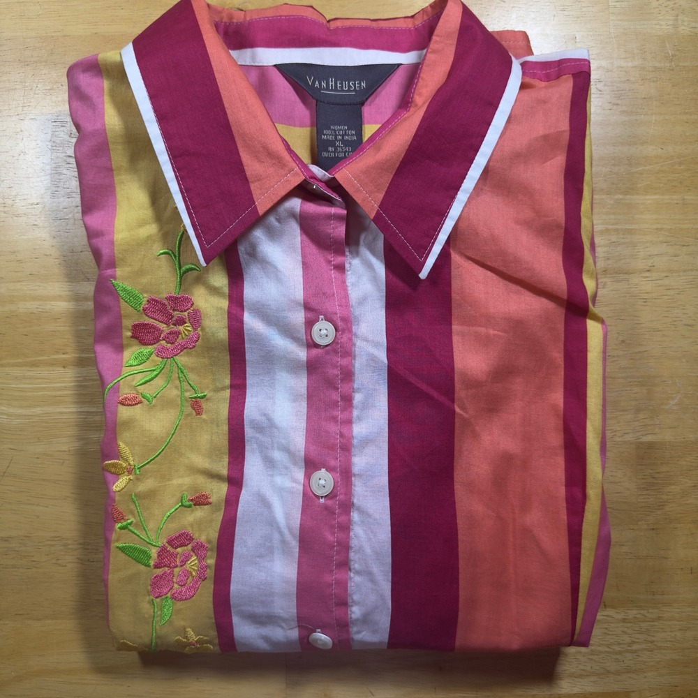 Van Heusen Button Up Shirt Floral Embroidery Red Orange Stripe Long Sleeve XL